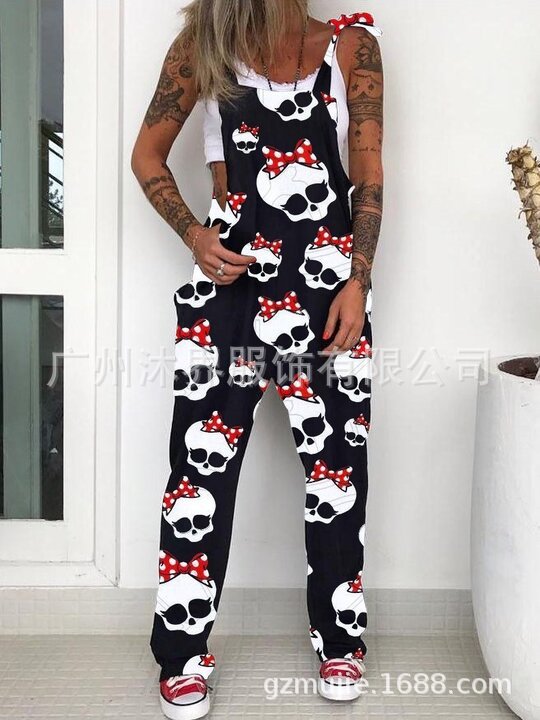 Damer Casual Jumpsuit med stilfuldt solskinsprint og dødningehovedmotiver Stilla