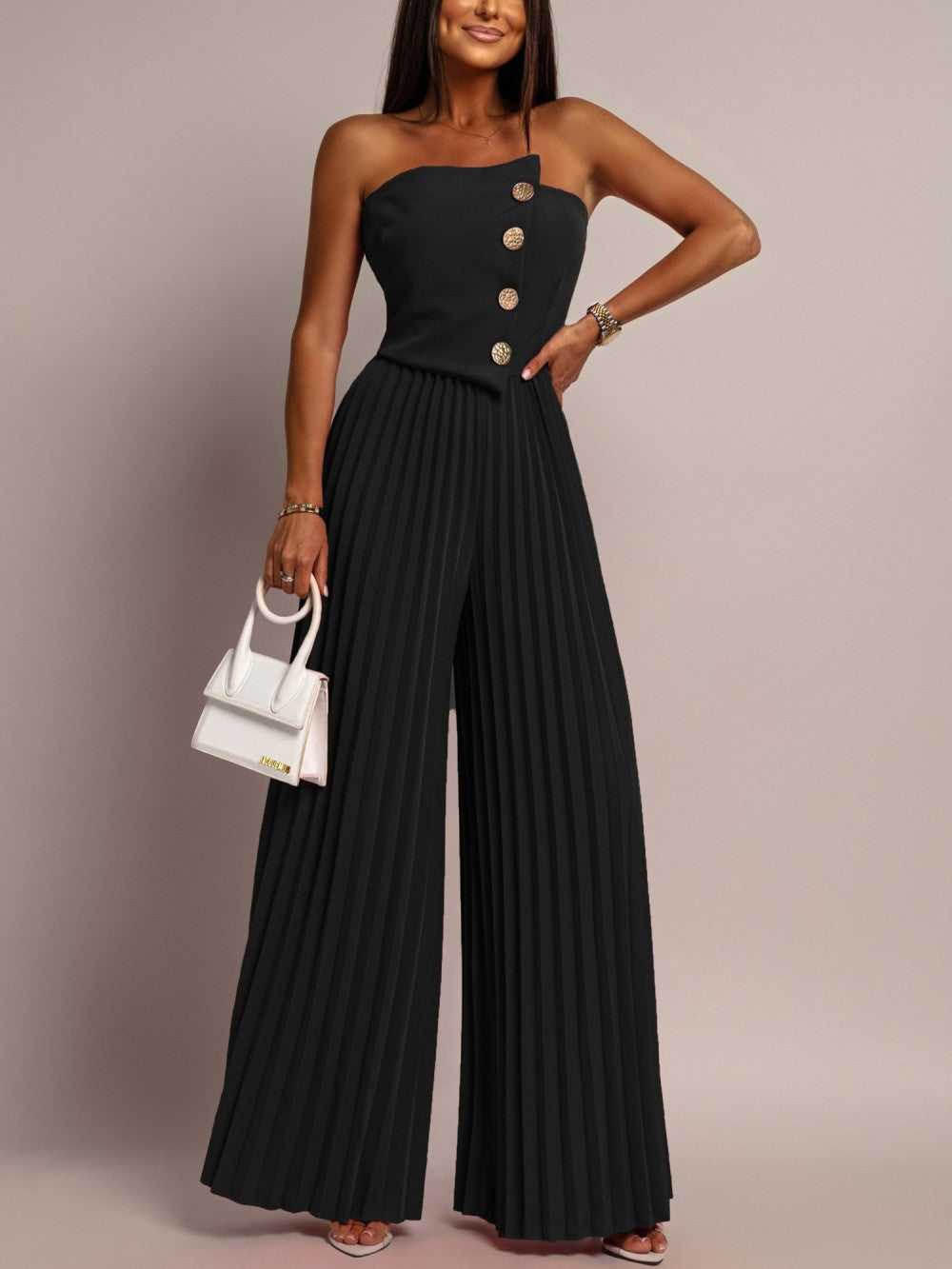 Dame Elegant Jumpsuit med Folder og Knapdetaljer Stilla