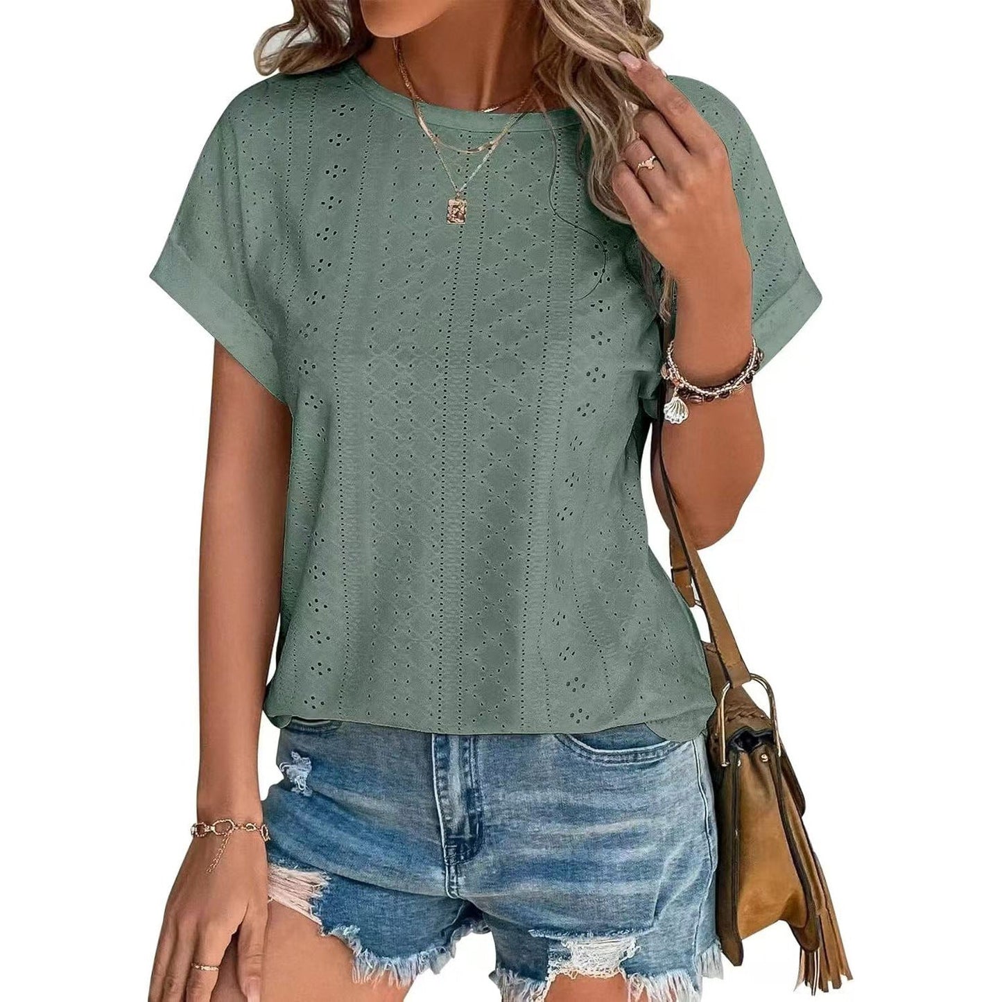 Stilla | Basic Solid Rund Hals Løs Kort Ærme T-shirt