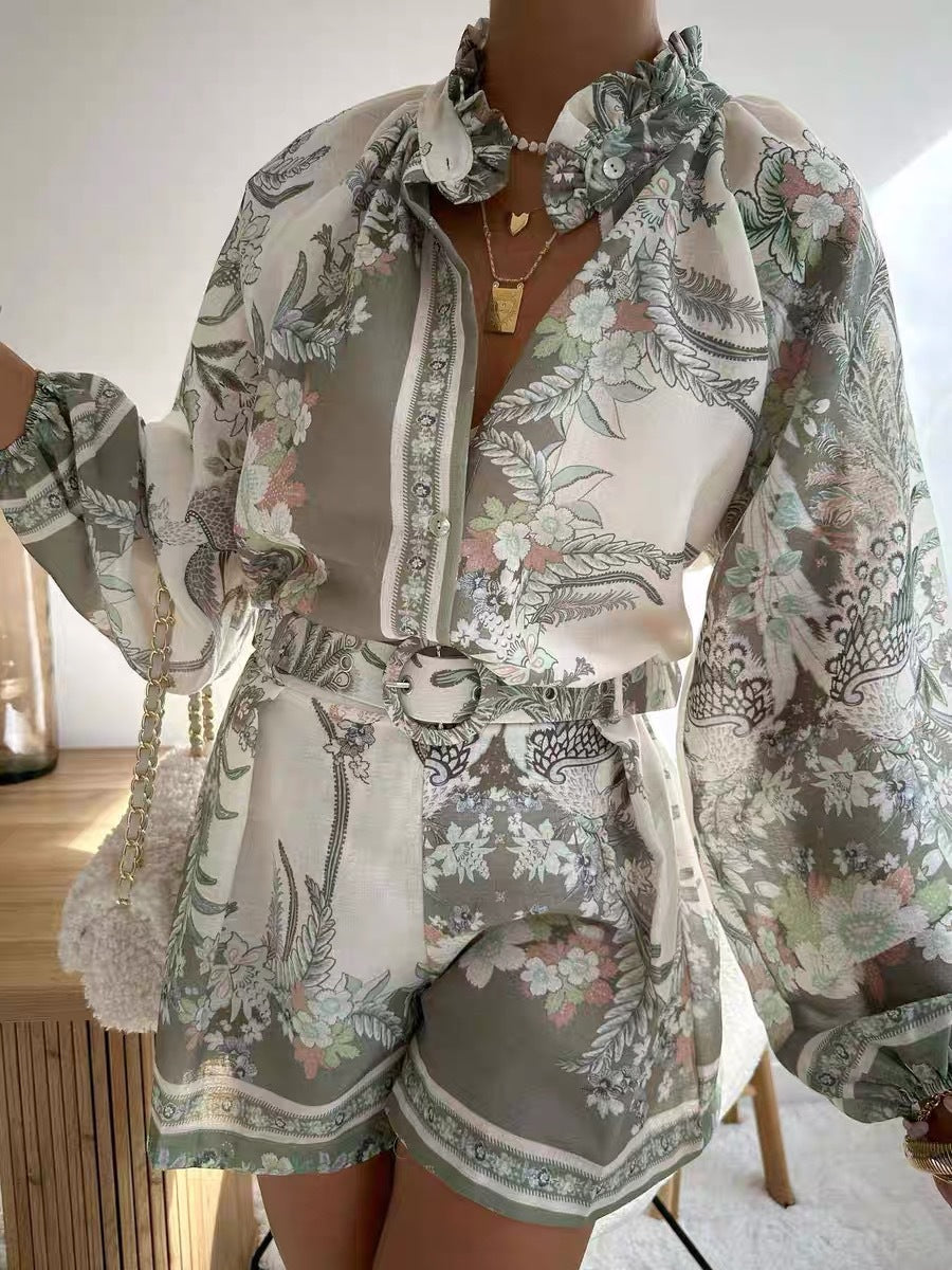 Dame Blusenshorts-sæt med floralt design og flæseærmer Stilla