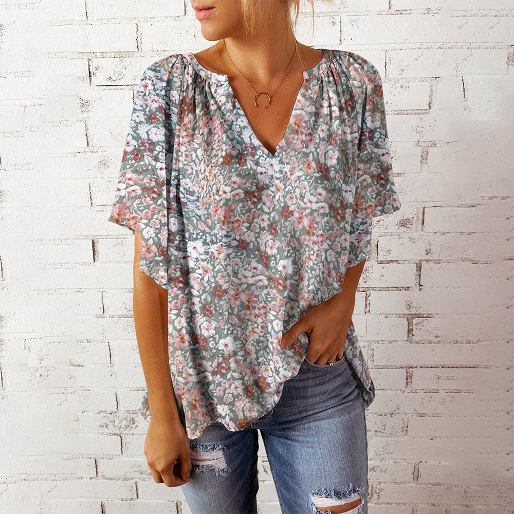 Stilla | Afslappet Floral Print V-hals Kort Ærme Overstørrelse Top Bluse