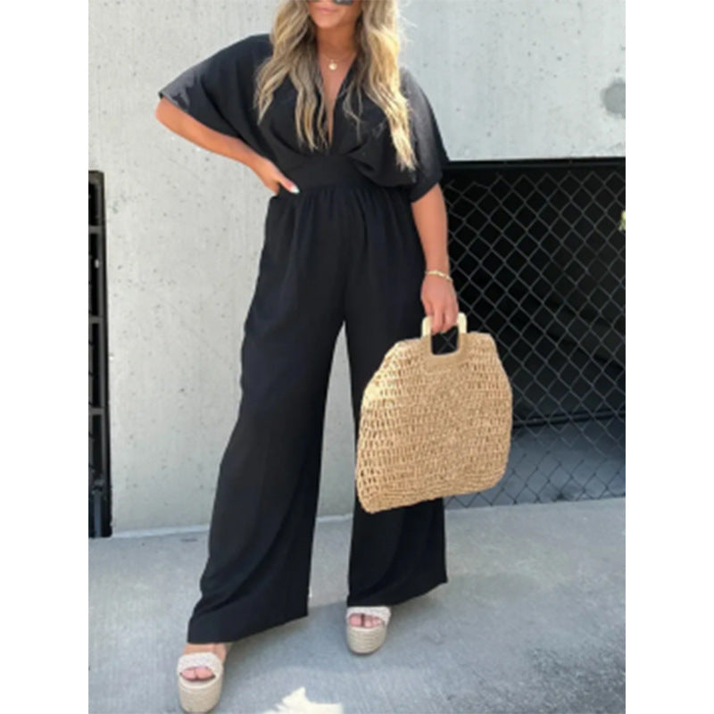 Dame elegant jumpsuit med bred ben og dyb V-udskæring Stilla
