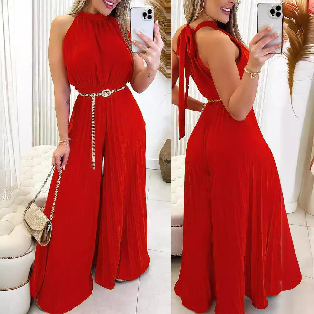 Dame Elegant Jumpsuit med bredt ben og taljebælte Stilla