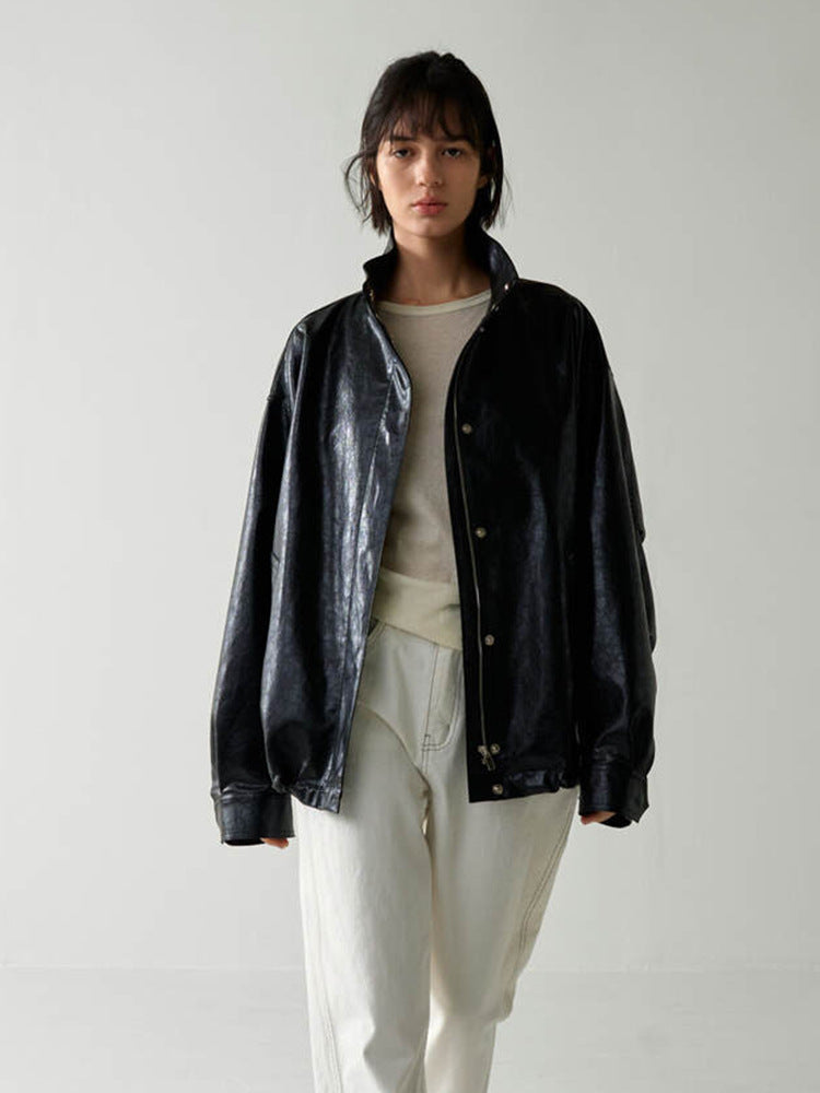 Dame afslappet oversized læderjakke med struktureret design og praktiske detaljer Stilla