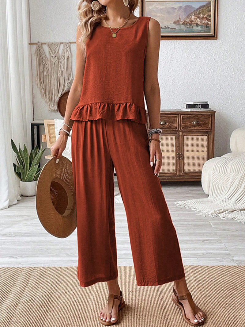 Dame Rüschløs Ærmeløs Jumpsuit Sæt Stilla