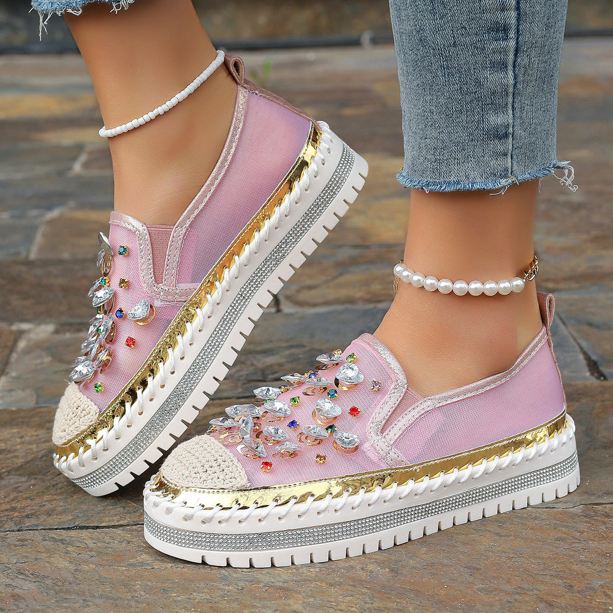 Dame Slip-On Sneakers med glitrende smykke design og behagelig sål Stilla