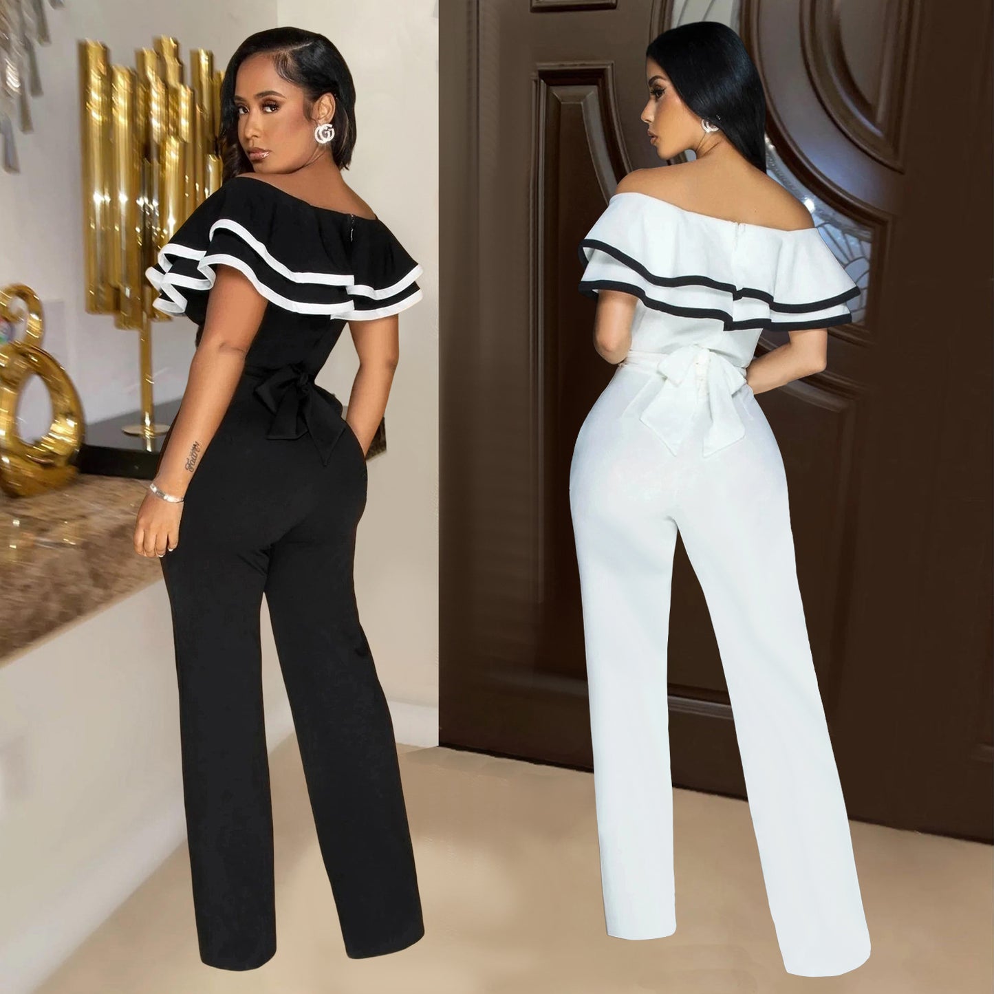 Dame Elegant Off-Shoulder Jumpsuit med ruffles detaljer og tætsiddende snit Stilla