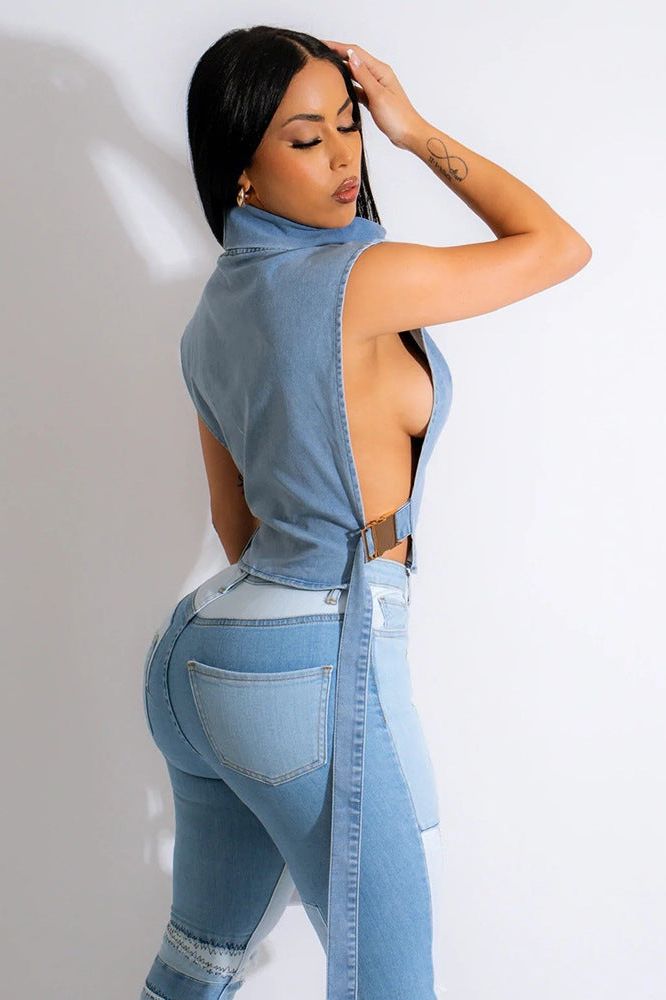 Stilla | Højkrave Ærmeløs Denim Kort Vest
