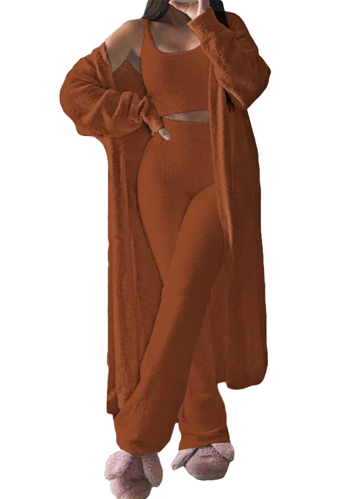 Dame komfortabel strik-loungewear-sæt med cardigan og dyb talje Stilla