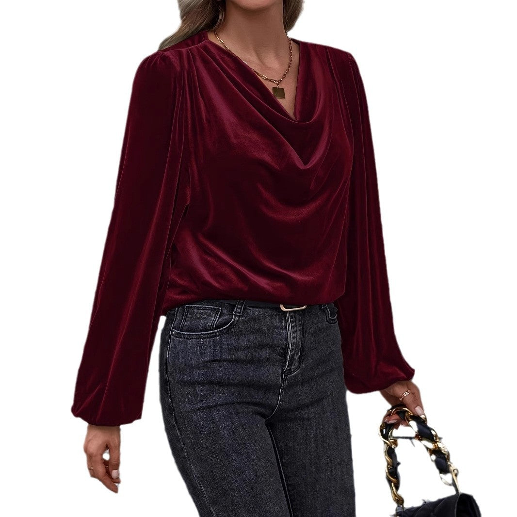 Dame elegant bluse med draperet udskæring og ballonærmer Stilla