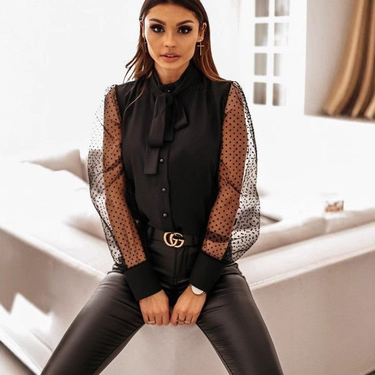 Dame Elegant Bluse med transparente ærmer og bue-detalje Stilla