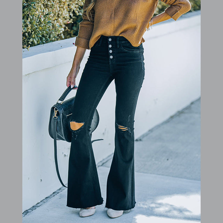 Dame Elegant Bootcut-Jeans med høje knapper og destroyed-detaljer Stilla