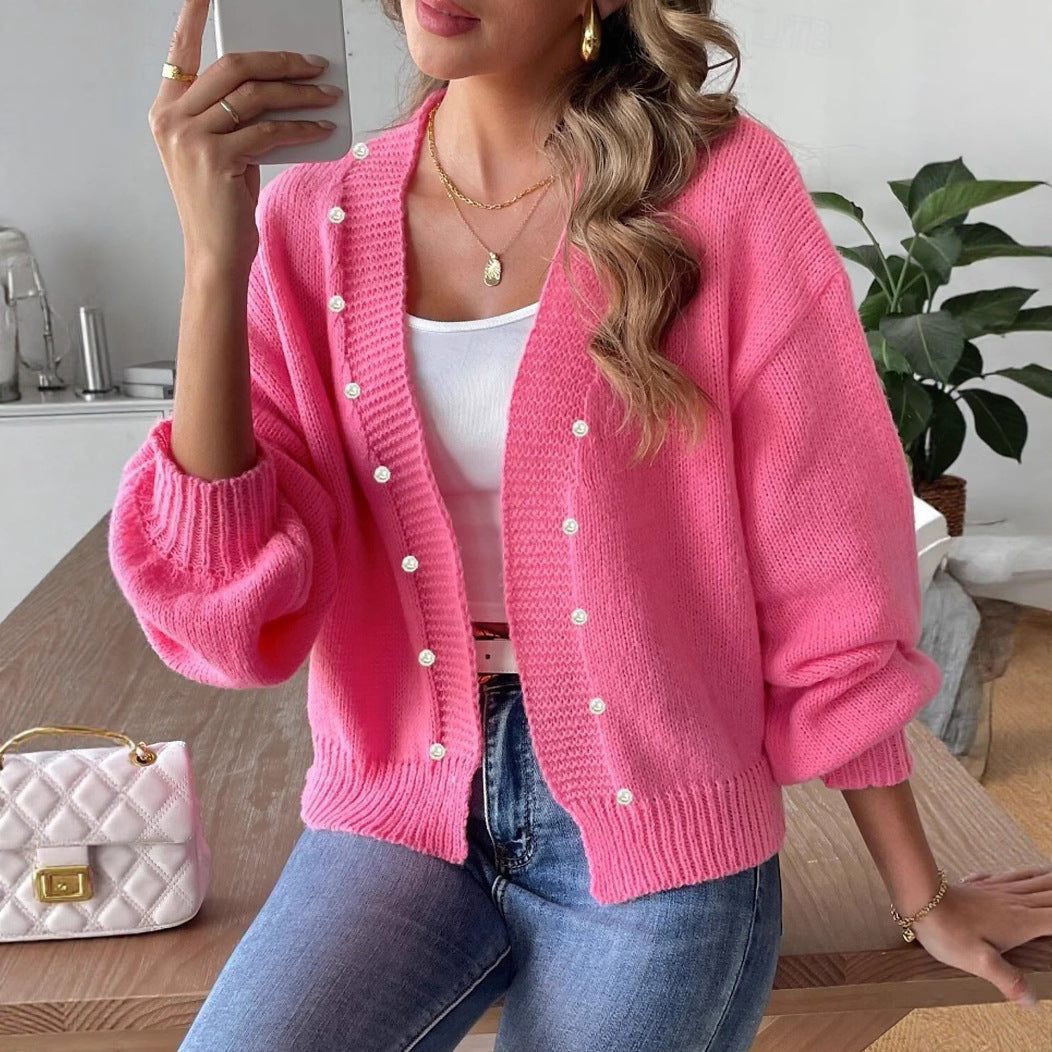 Dame afslappet strik cardigan med perle knapper og bred snit Stilla