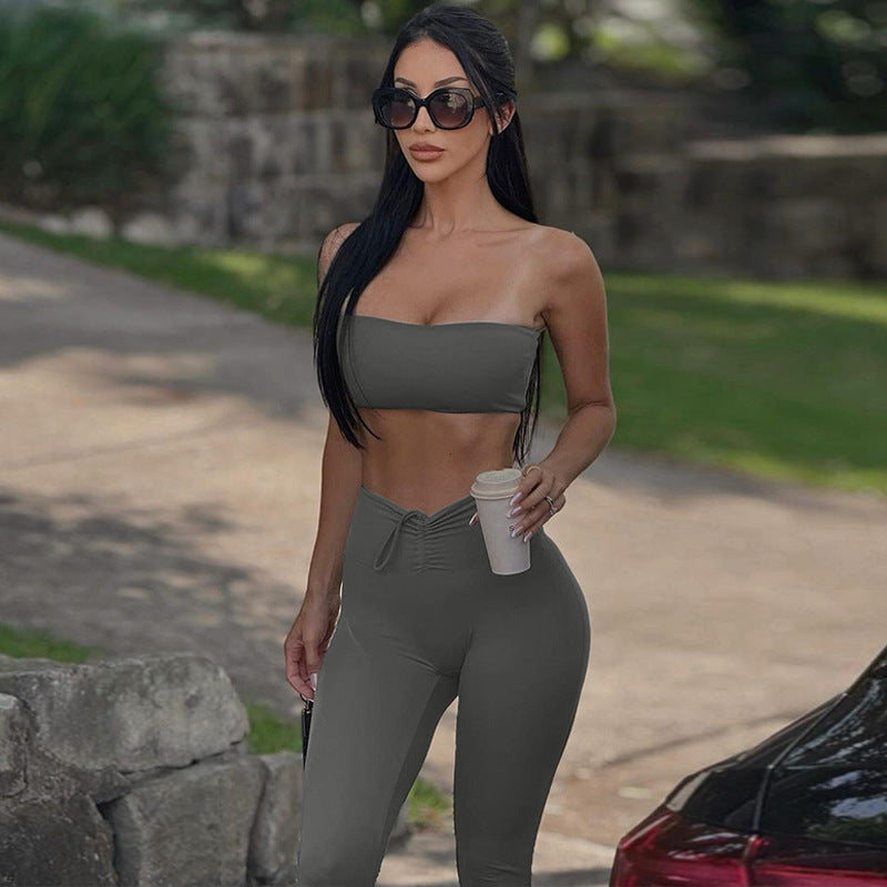 Dame Crop-Top og Leggings Sæt med raffineret rynkning og elastisk bånd Stilla