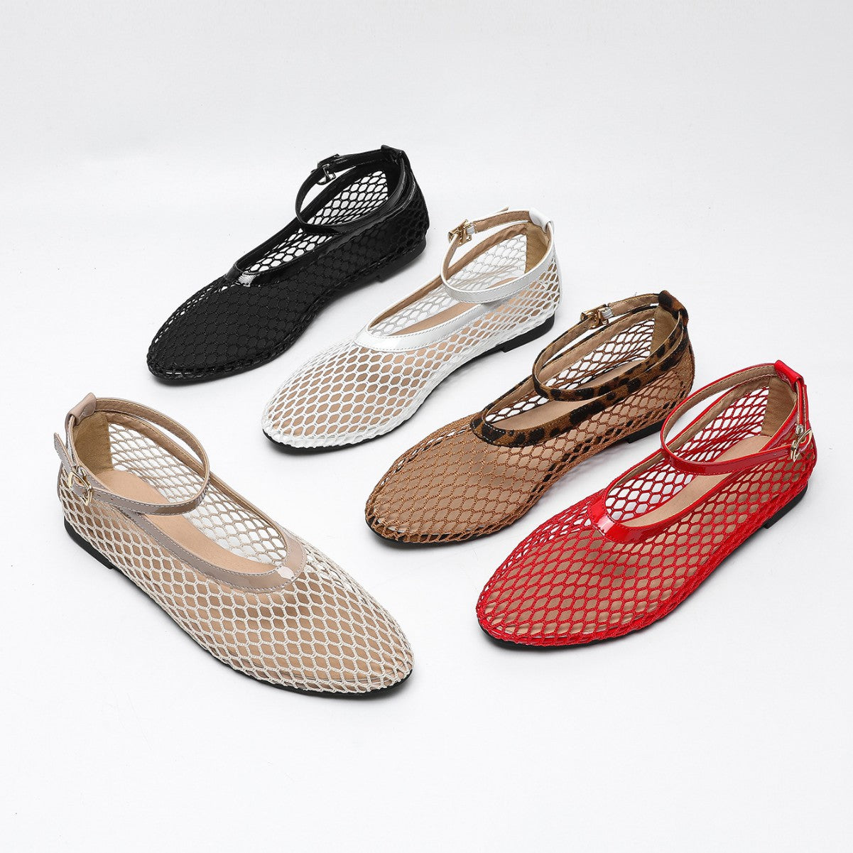 Dame Ballerinas med dekorativt netdesign og rem Stilla