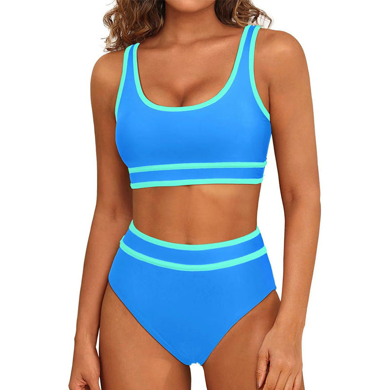 Dame Højtaljede Bikini-Sæt med sportslig Crop-Top og kontrasterende Ærmelydetails Stilla