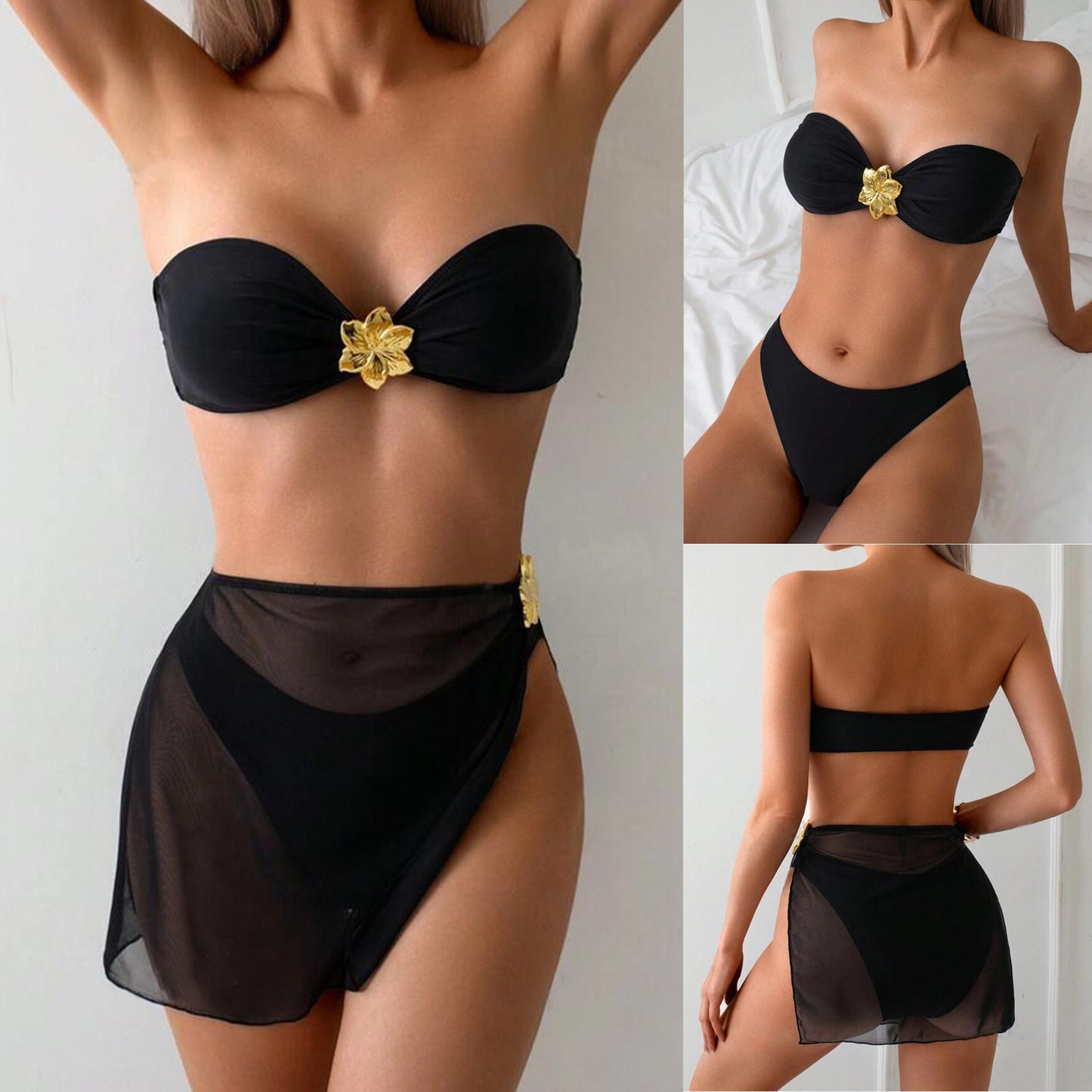 Dame bandeau-bikini med dekorativ blomst detalje og fin nederdel Stilla