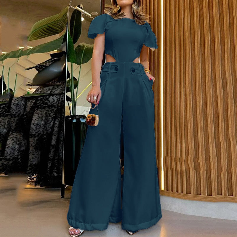 Dame elegant jumpsuit med struktureret cut-out-design og bred bukse Stilla