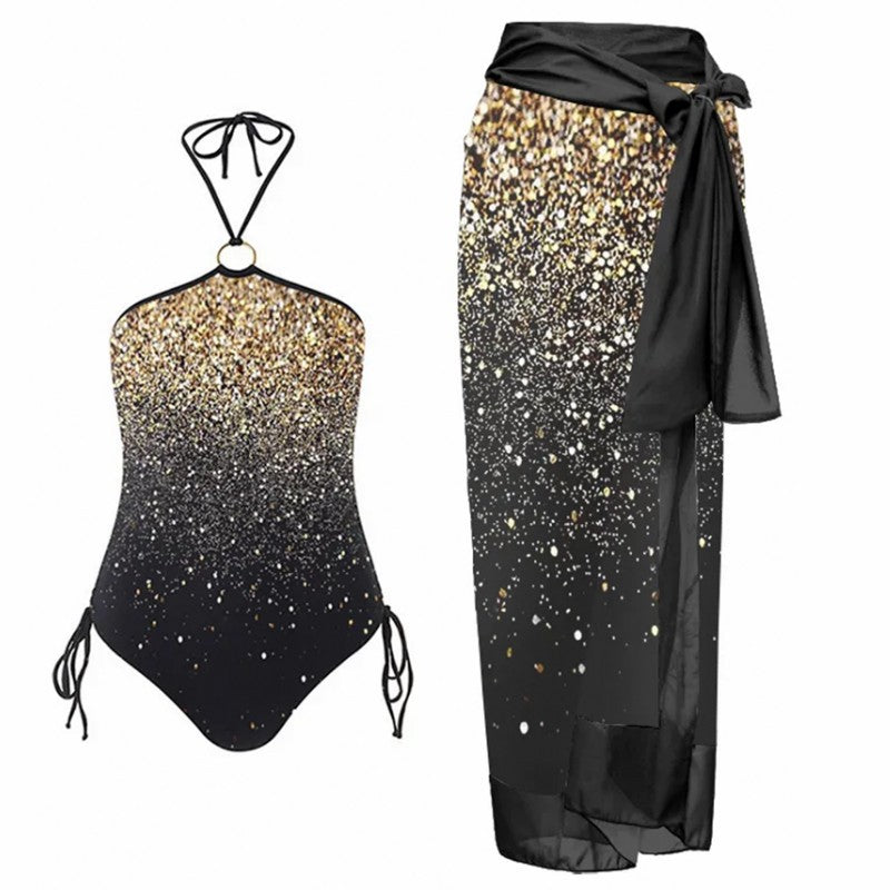 Dame badedragt med elegant omslagsnederdel og glamorøs glimmerlook Stilla