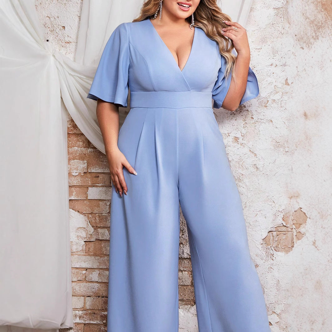 Dame elegant jumpsuit med let V-udskæring og voluminøse ærmer Stilla