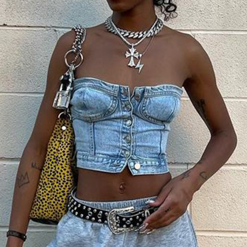 Dame afslappet cropped jeansjakke med strikket oversized ærme Stilla