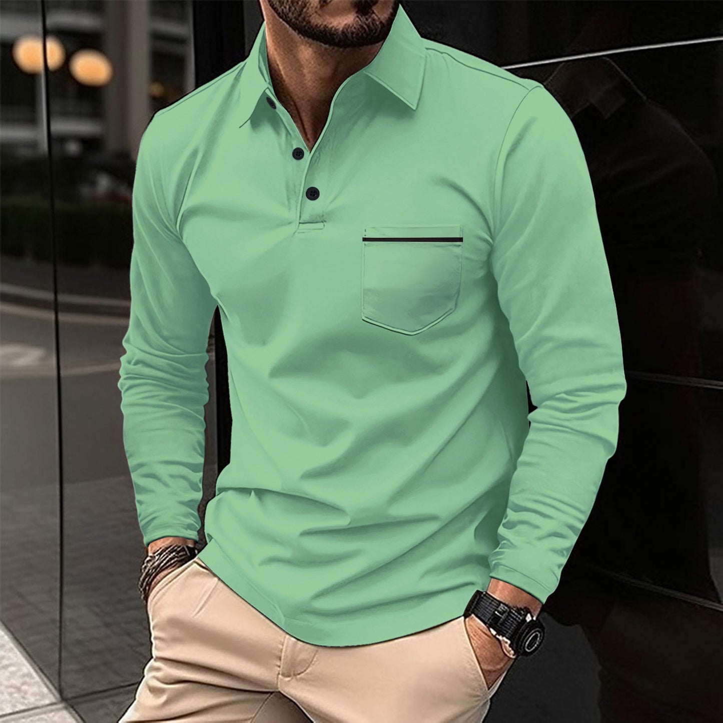 Herrer Langærmet Poloshirt med moderne krave og praktisk brystlomme Stilla