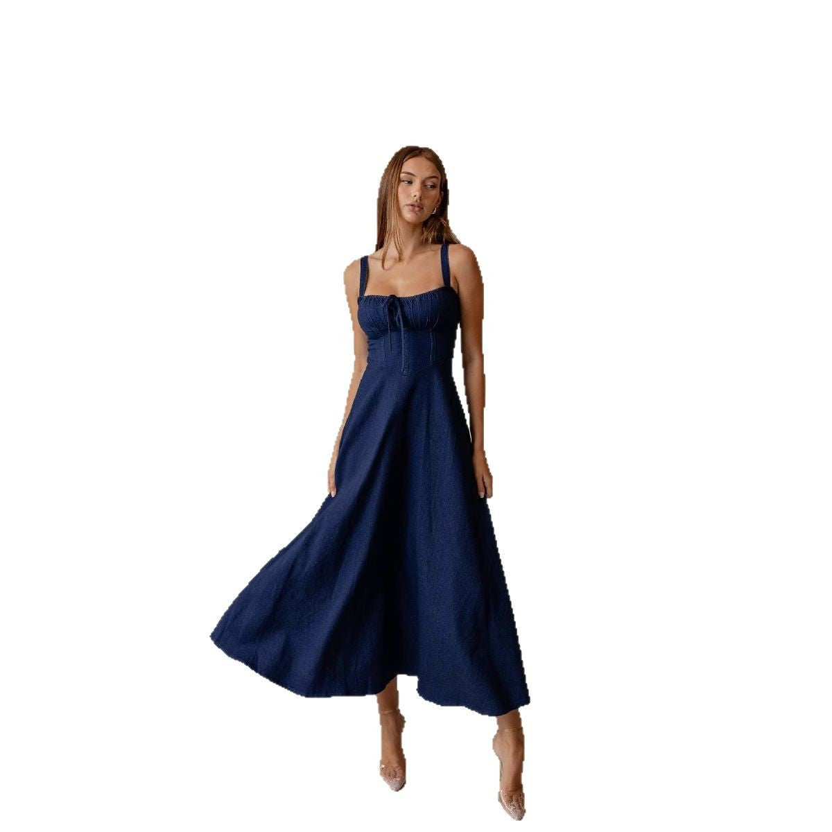 Dame Denim-Midikjole med legende flæsedesign og figursyet overdel Stilla