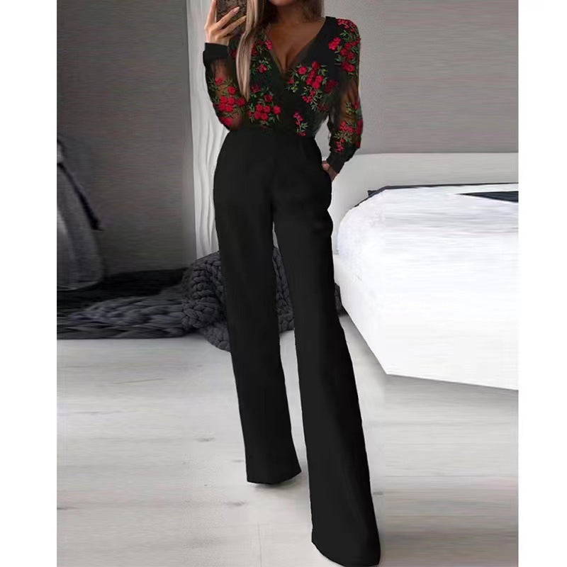 Dame Elegant Jumpsuit med tragtformet U-hals og bredt ben Stilla