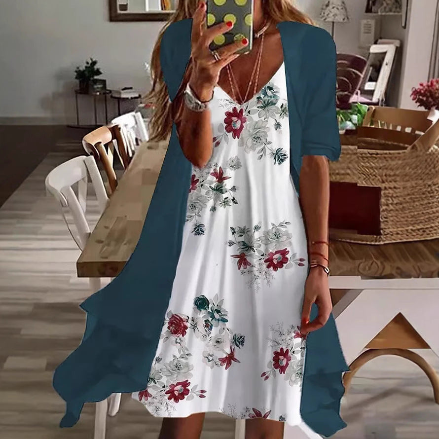 Dame sommerkjole med blomsterdesign og smart cardigan Stilla
