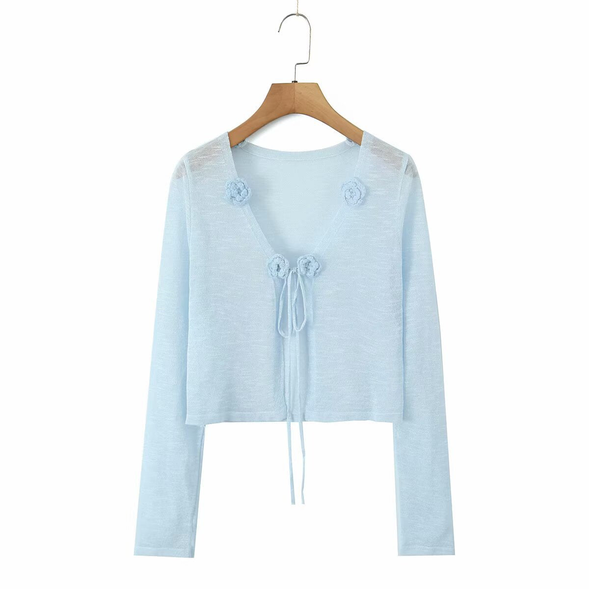 Dame cropped strikjakke med blomstrede accenter og elegant bindebånd Stilla