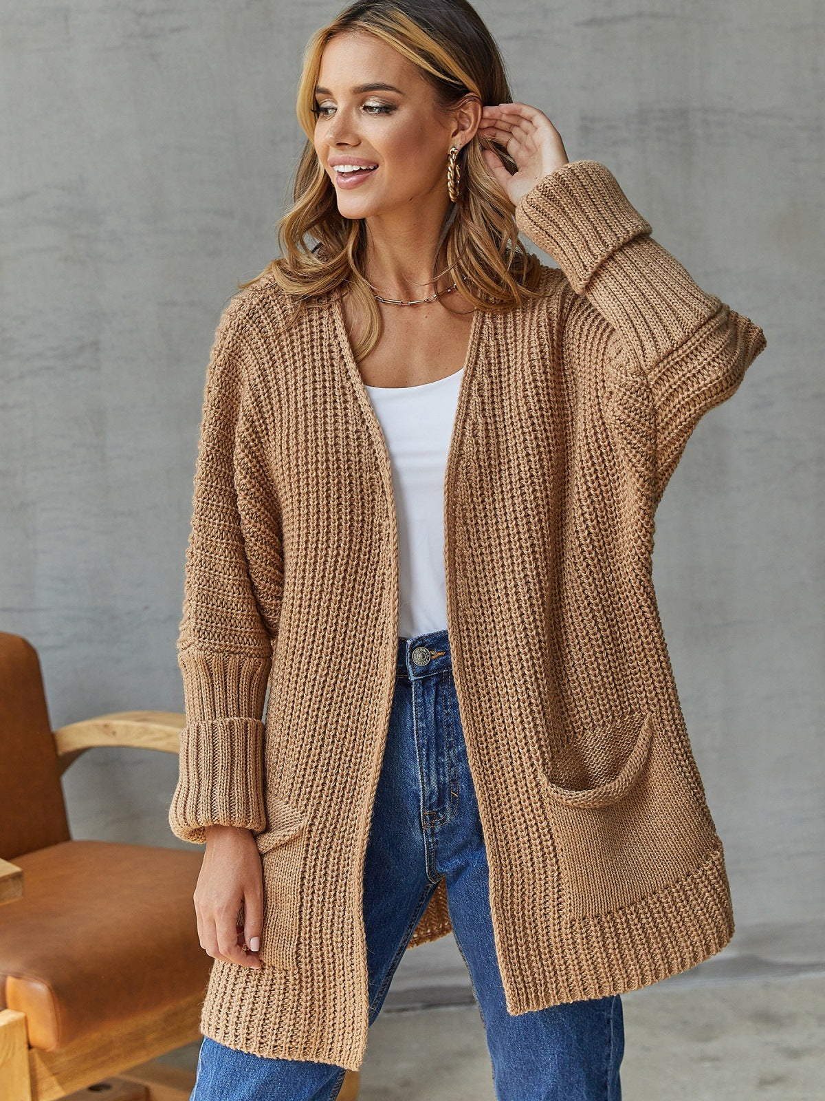 Femme Struktureret Åben Strikcardigan med Lomme detaljer Stilla