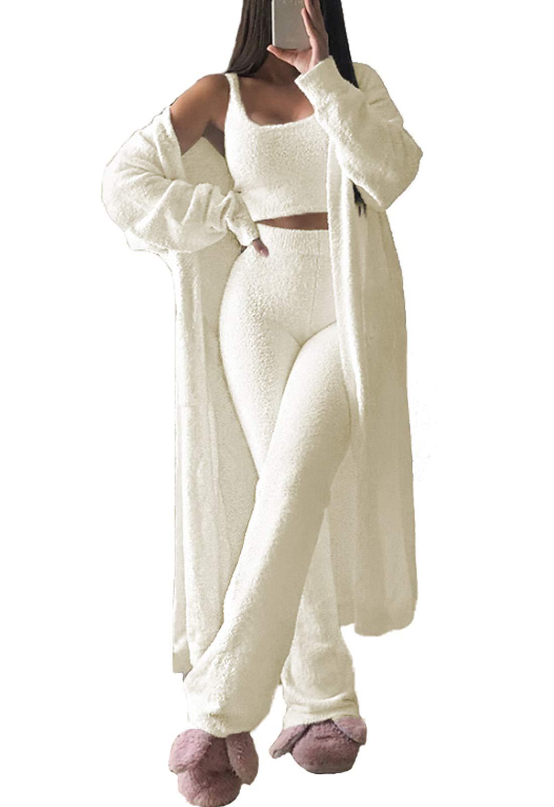 Dame komfortabel strik-loungewear-sæt med cardigan og dyb talje Stilla