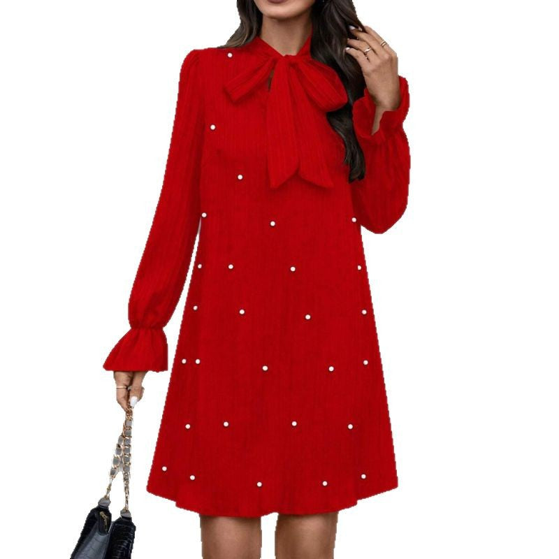 Dame Elegant A-linje kjole med sløjfe krave og dekorative perler Stilla