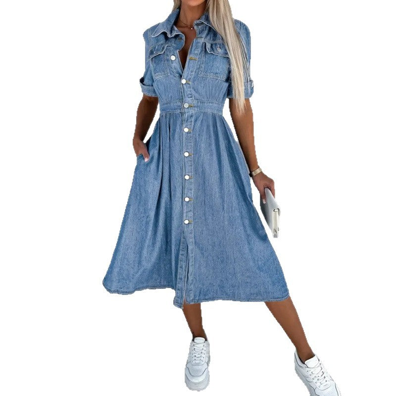 Dame Denim Skjortekjole med trykknaplukning og lommer Stilla