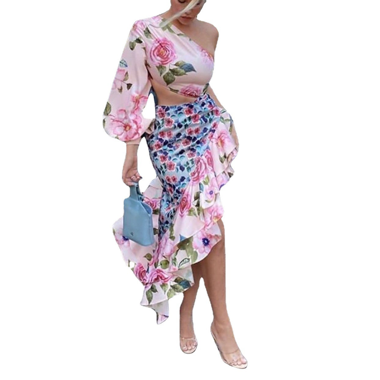 Dame Floral Cut-Out Kjole med asymmetrisk bund og flæsedetaljer Stilla
