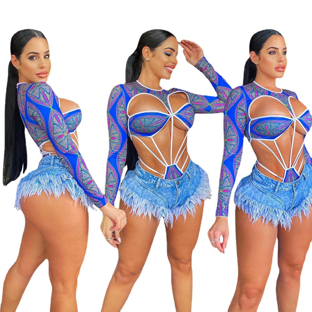 Dame Cut-Out Bodysuit og Fransen Shorts Sæt Stilla