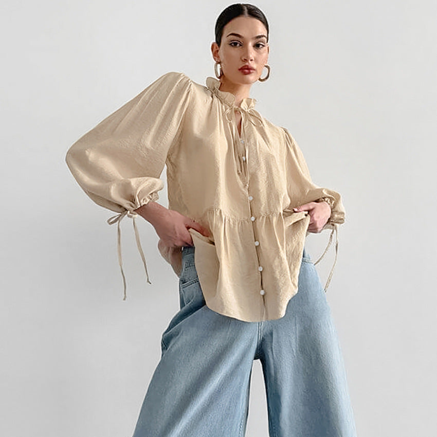Dame ruches blouse med lange ærmer og elastisk kant Stilla