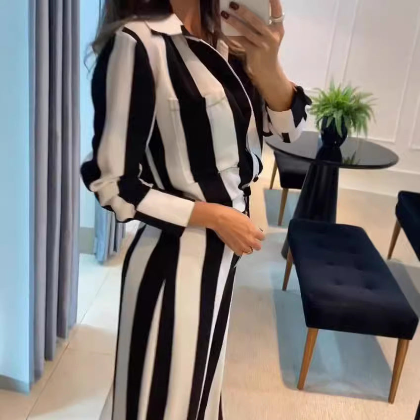 Dame Elegant Jumpsuit med brede striber og skjorte krave Stilla