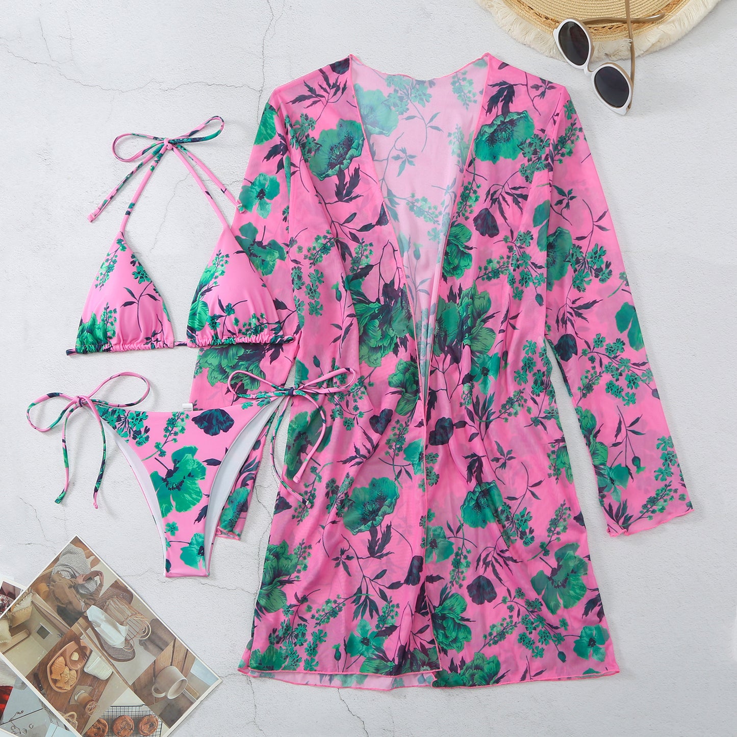 Dame Badetøjssæt med blomster kimono og blomstrende bikini Stilla
