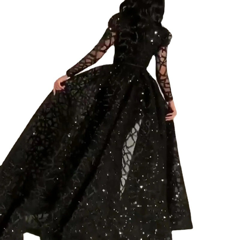 Dame Elegant Aftenkjole med gennemsigtige Ærmer og glitrende Overdel Stilla