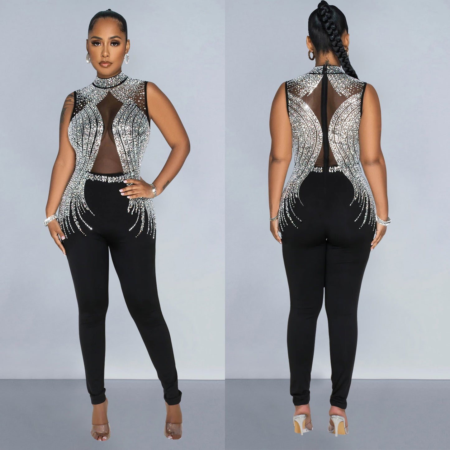 Dame elegant Bodycon jumpsuit med transparente indsatser og strass dekorerede detaljer Stilla