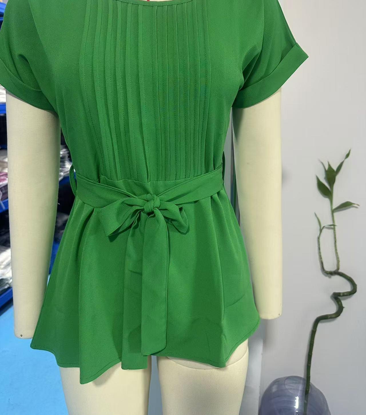 Dame elegant bluse med talje bælte og folder Stilla