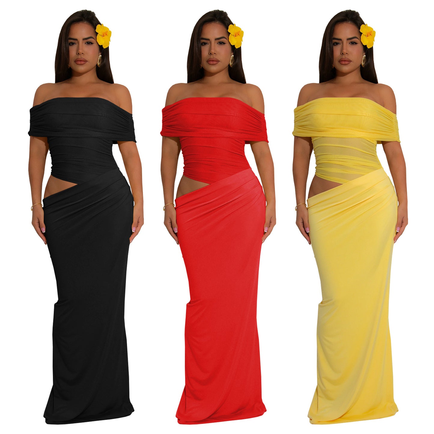 Dame Elegant Off-Shoulder-Maxi-Kjole med figursyet snit og rynk Stilla