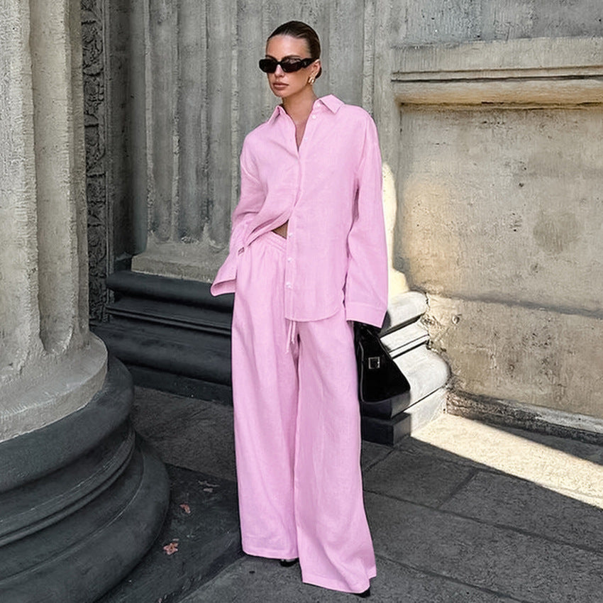 Dame linned bluser- og palazzo-bukser-sæt med løs pasform Stilla