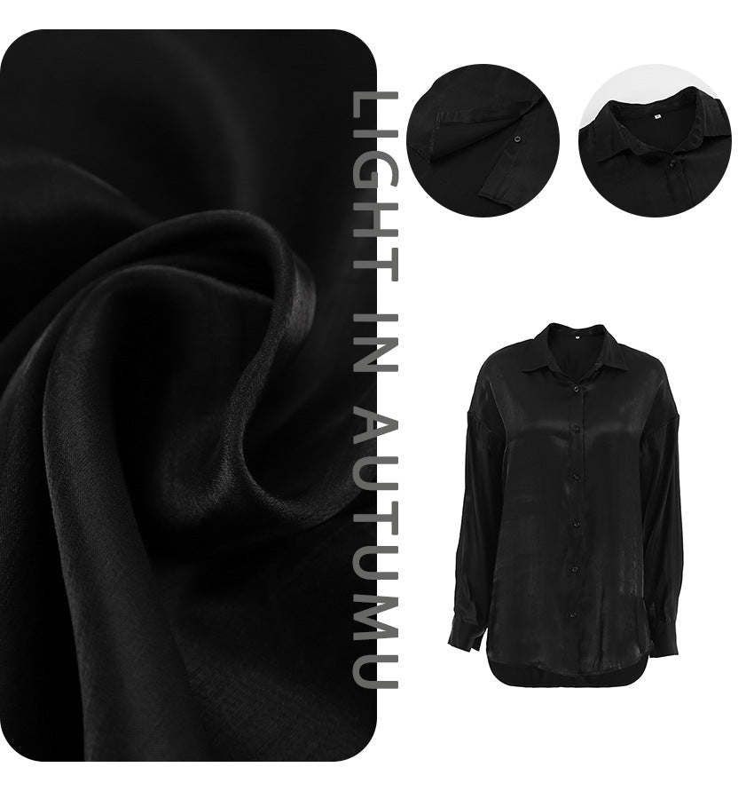 Dame elegant bluse i let, skinnende stof med klassisk krave og lange ærmer Stilla