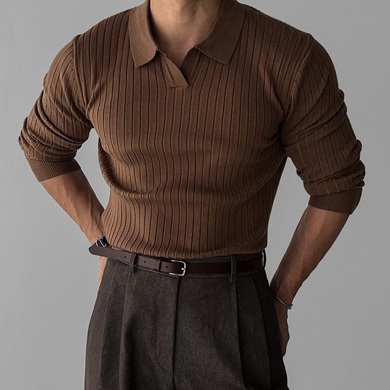 Herrer elegant rib-strikpullover med klassisk krave Stilla