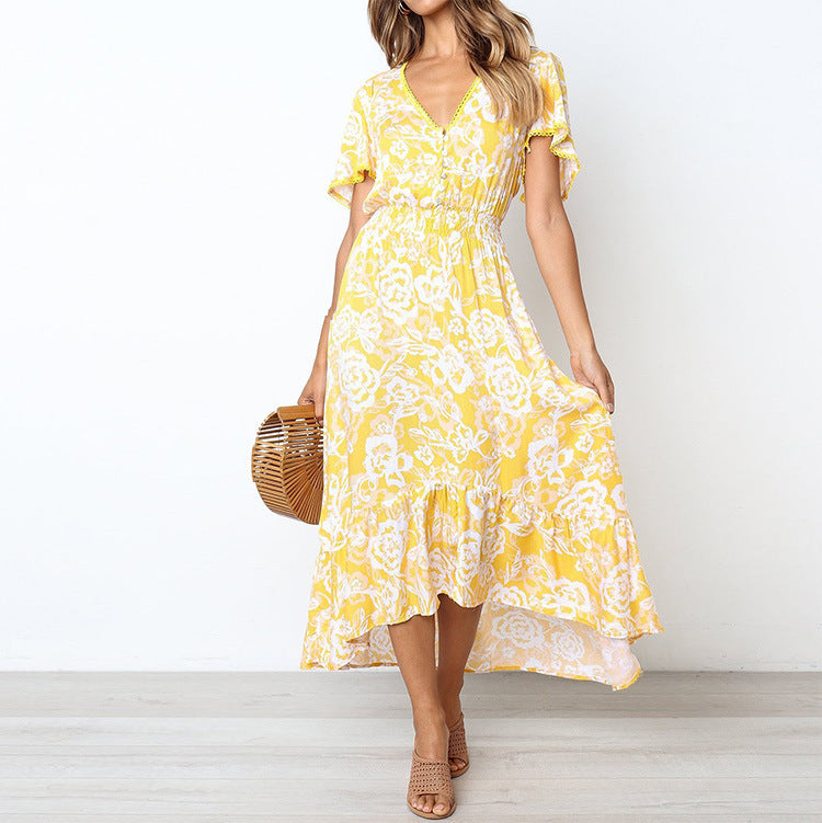 Dame Floral Print Maxi Kjole med Rynkebund Stilla