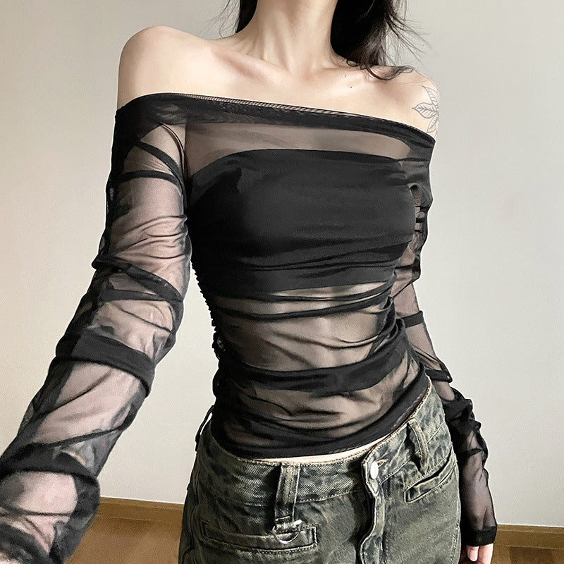 Dame Transparent Bluse med spændende flæse design og elegante ærmer Stilla