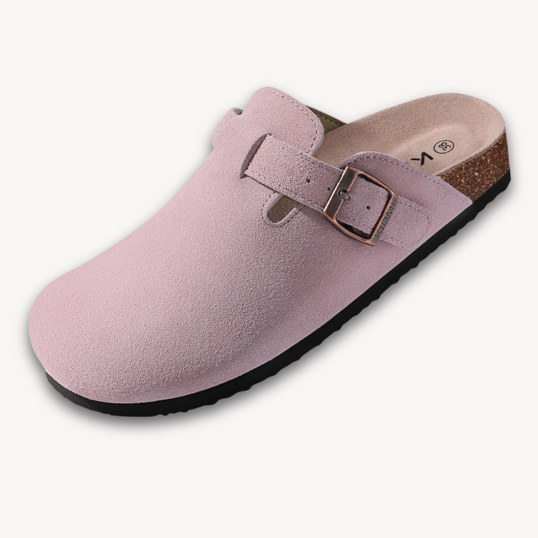 Stilla | Kvinders Træsko Suede Slip on Muler Med Justerbar Spænde Kork Fodbed