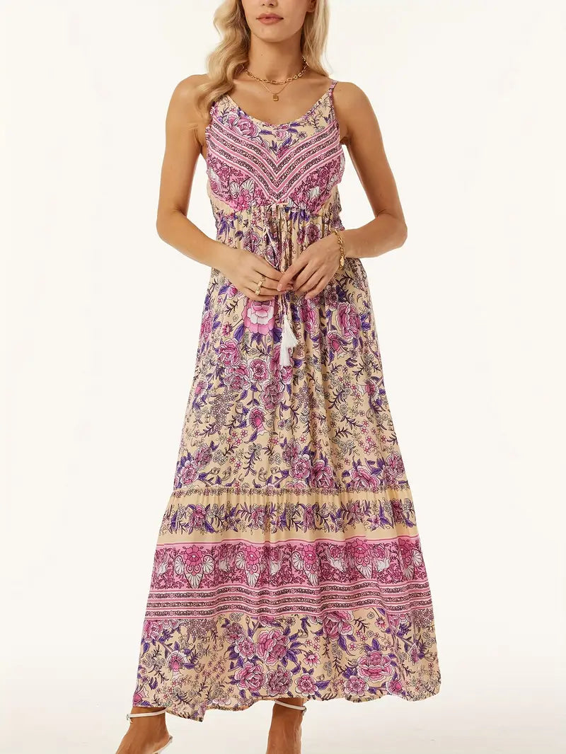 Stilla | Boho Cami Maxi Kjole Blomstermønster, Uden Ærmer, Justerbar Talje Og Svajende Nederdel